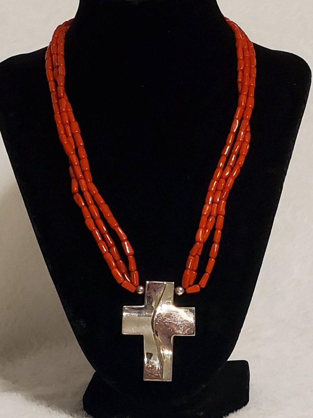 Jay King DTR .925 Silver Cross/Triple Strand Red Coral Beaded Necklace-Stunning!